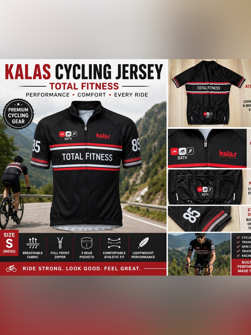 Kalas Cycling Jersey Total Fitness Black Red Full Zip Bike Shirt Mens Medium